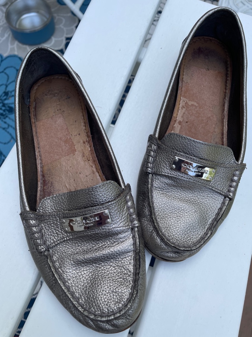Coach Fredrica Pewter Metallic Tumbled  leather loafers flats Size 8